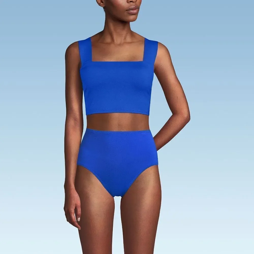 Land's End square neck soft cup bikini top Midkini wide strap sapphire ice 12